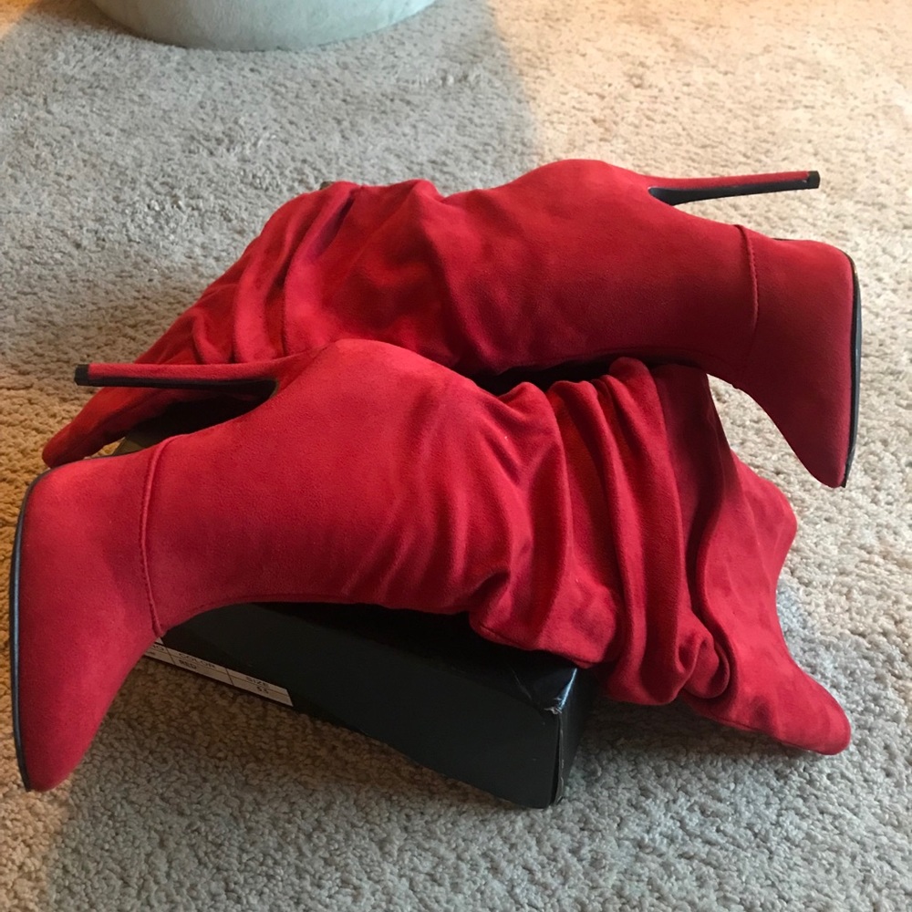 Red mid calf boots with skinny heel